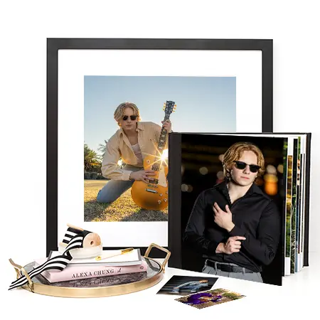 Custom senior portrait artwork including framed prints, albums, and desk displays from a Mesa, Arizona session.
