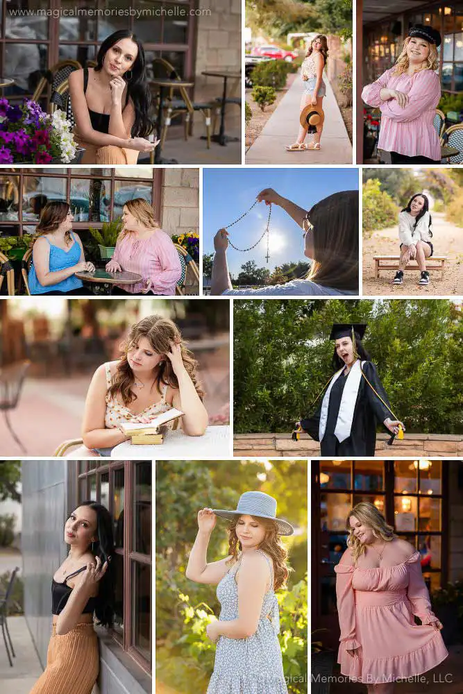 Senior pictures with rustic and western flair at Agritopia in Gilbert, including porch swings, twinkle lights, and patriotic themes.