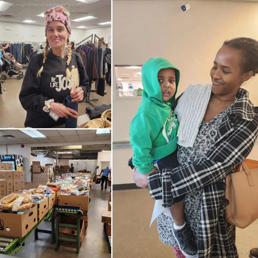 Images of Nourish Phoenix showing a woman shopping, food boxes, and a mother holding her young son.