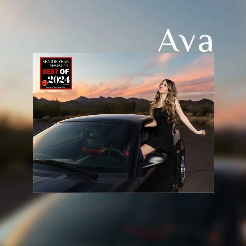 Senior girl in a black dress posing confidently on a black car at sunset, during a senior portrait session in Mesa, Arizona.