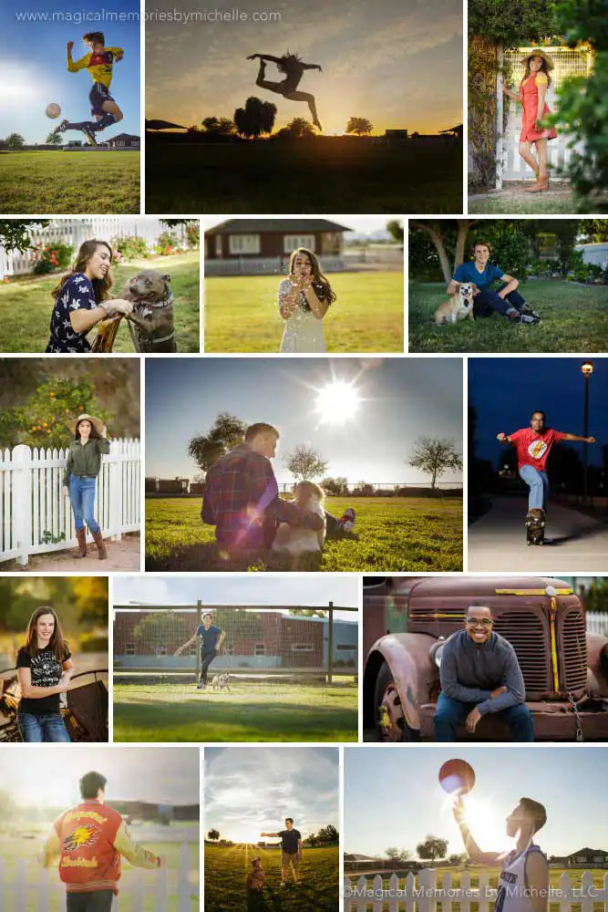 A collage featuring some of the best places for senior photos in Chandler, with portraits at rustic farm spots, sports fields, and pet-friendly outdoor areas.