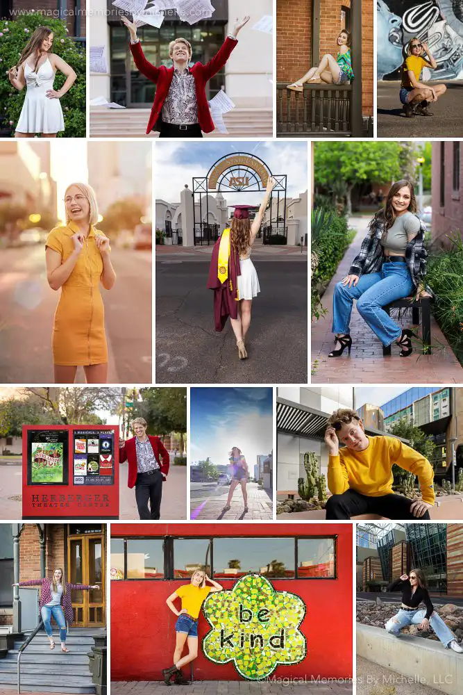 Collage of seniors posing at colorful murals and fun city spots in Downtown Phoenix.