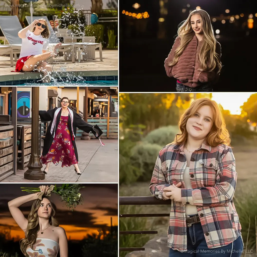Collage of senior pictures featuring a variety of sessions in Mesa, Arizona, including a poolside summer photo, nighttime city lights, golden hour portraits, and graduation celebration images.