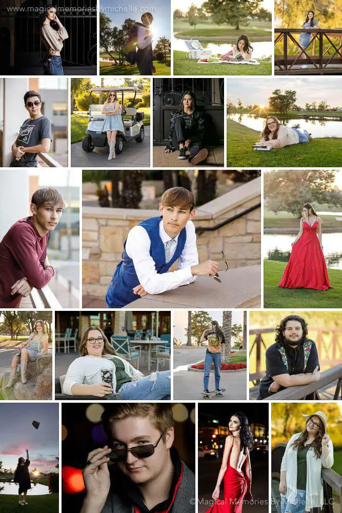 Collage of senior portraits taken in Chandler at scenic outdoor spots with water, grass, and warm light.