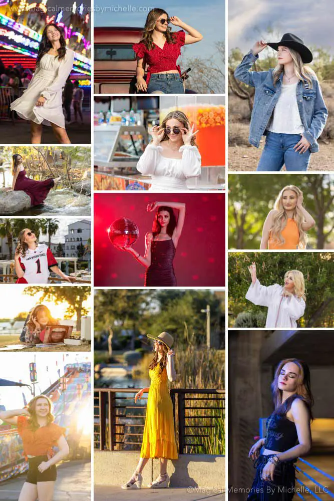 Collage of senior girls showing creative, stylish, and candid posing ideas for high school senior pictures.