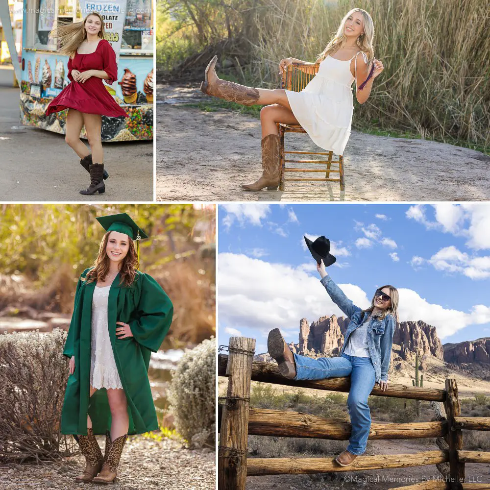 Collage of senior girls wearing cowgirl boots styled with dresses, denim, and graduation gowns.
