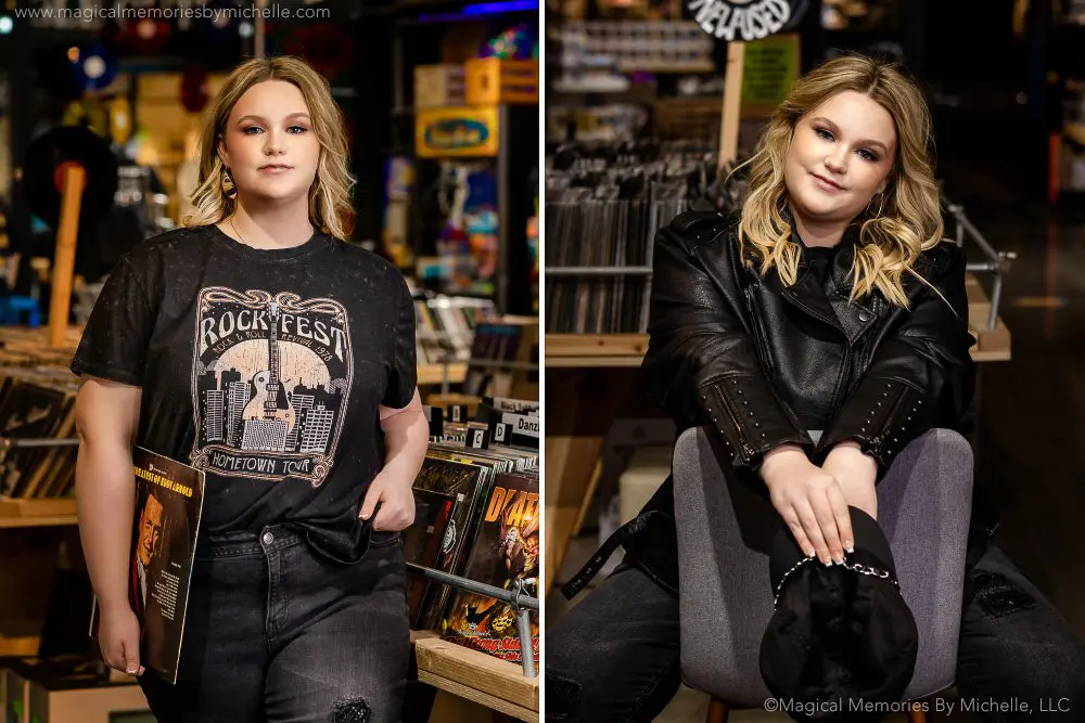 Senior girl in a black leather jacket and vintage rock tee for an edgy photoshoot at a record store.