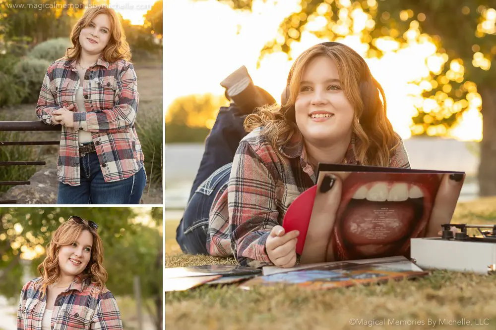 Senior girl in a flannel shirt listening to music with vinyl records during a sunset photo shoot in Arizona.