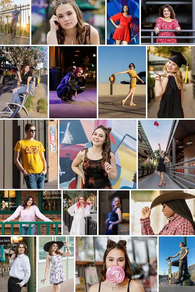 This variety-packed image shows seniors photographed at some of the most fun and creative places around Phoenix, Tempe, and Gilbert—perfect for showing off your unique vibe.
