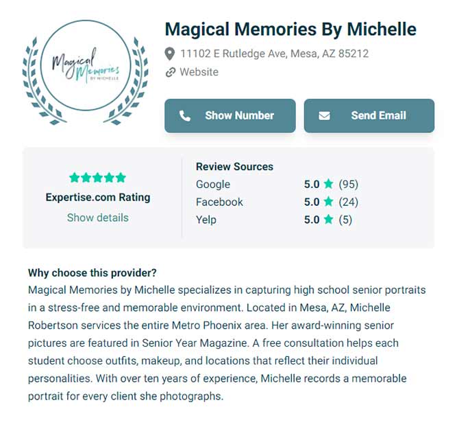 Screenshot of Magical Memories by Michelle’s Expertise.com profile showing 5-star reviews on Google, Facebook, and Yelp.