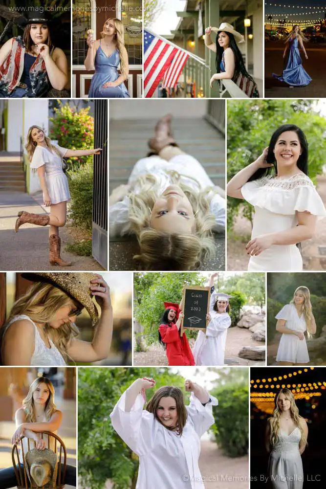Senior girls pose in Scottsdale wearing western outfits, graduation gowns, and formal dresses, with daytime and nighttime lighting.