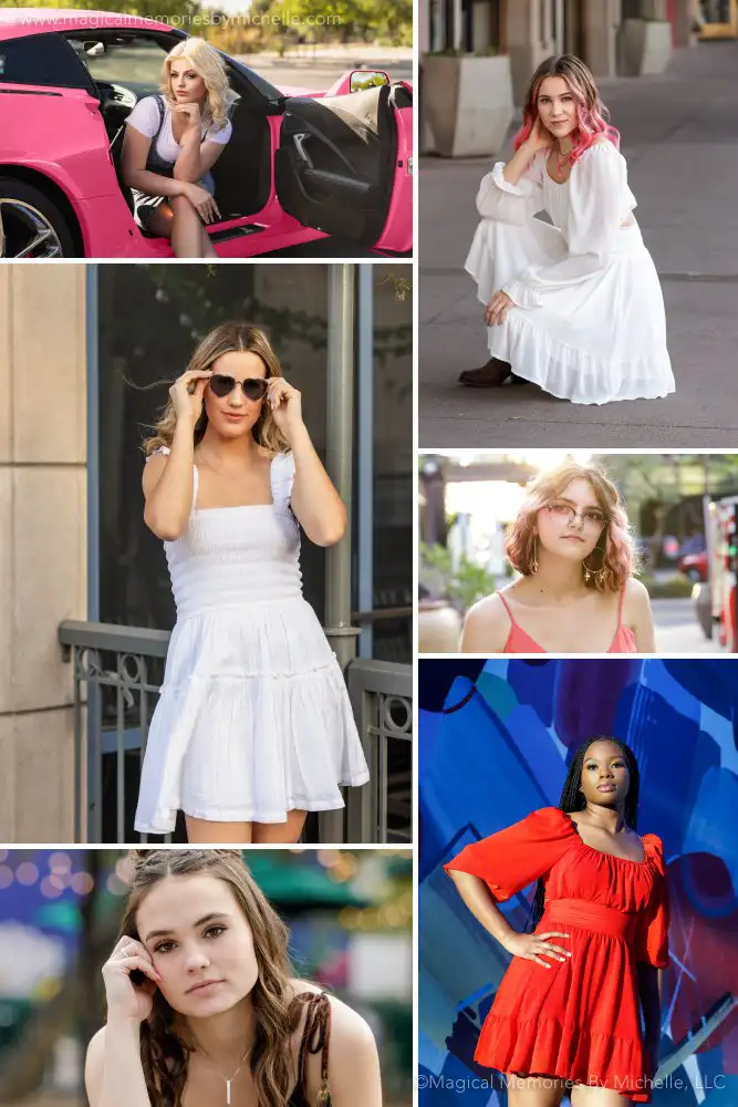 Collage of serious senior poses featuring girls with confident, expressive looks during their senior photo sessions.