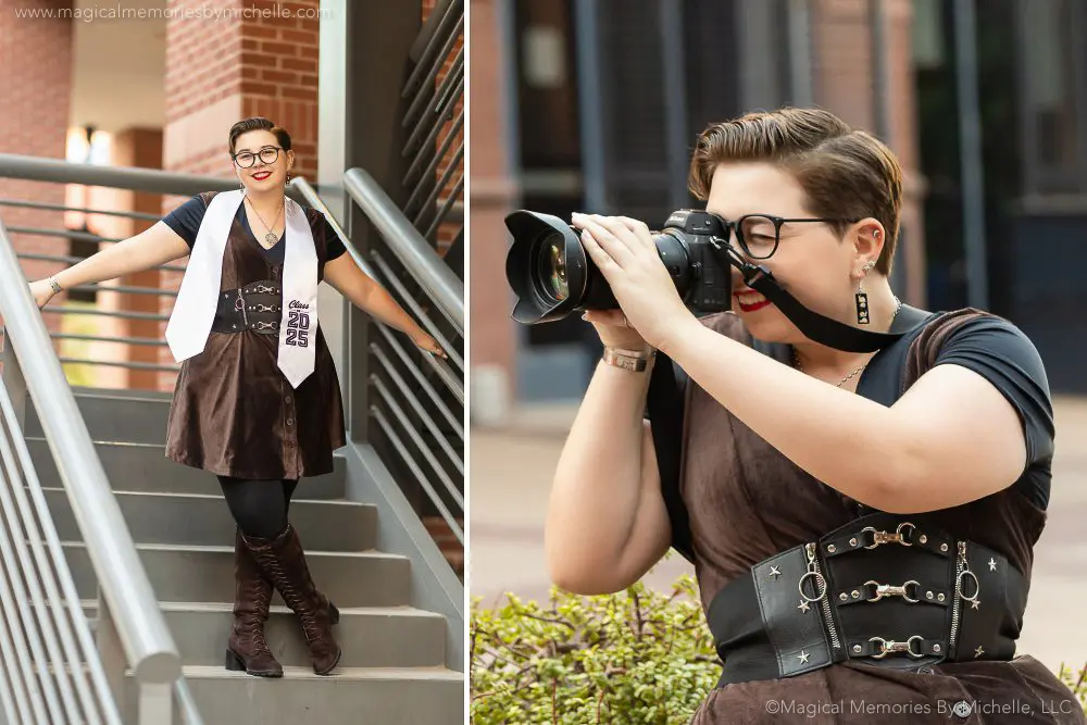 Senior girl wearing a brown corset dress and tall boots for a graduation photo shoot.