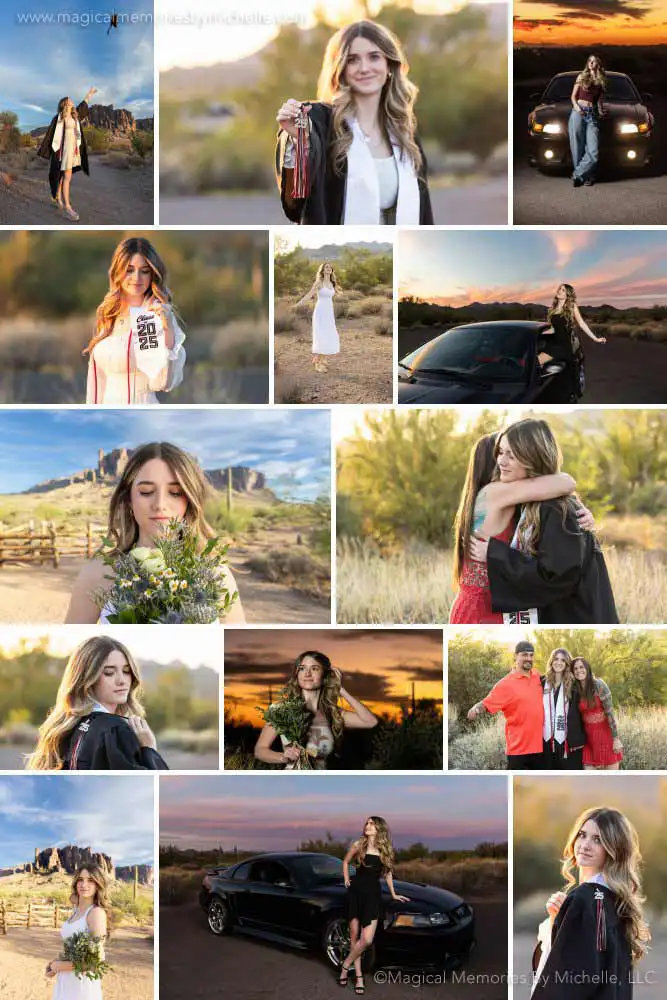 A senior girl poses in the Arizona desert near the Superstition Mountains during golden hour with her black Mustang and graduation cap.