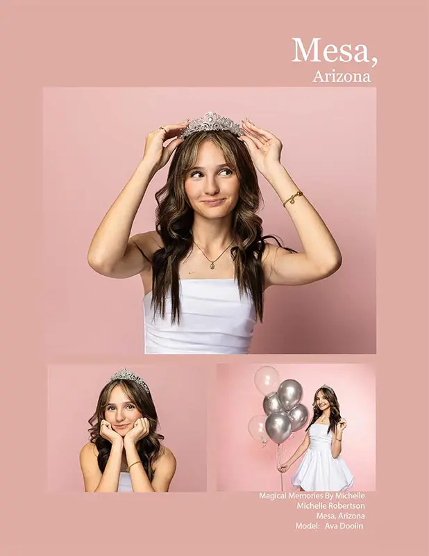 Fun teen photo shoot with a white dress, tiara, and silver balloons in Mesa, Arizona.
