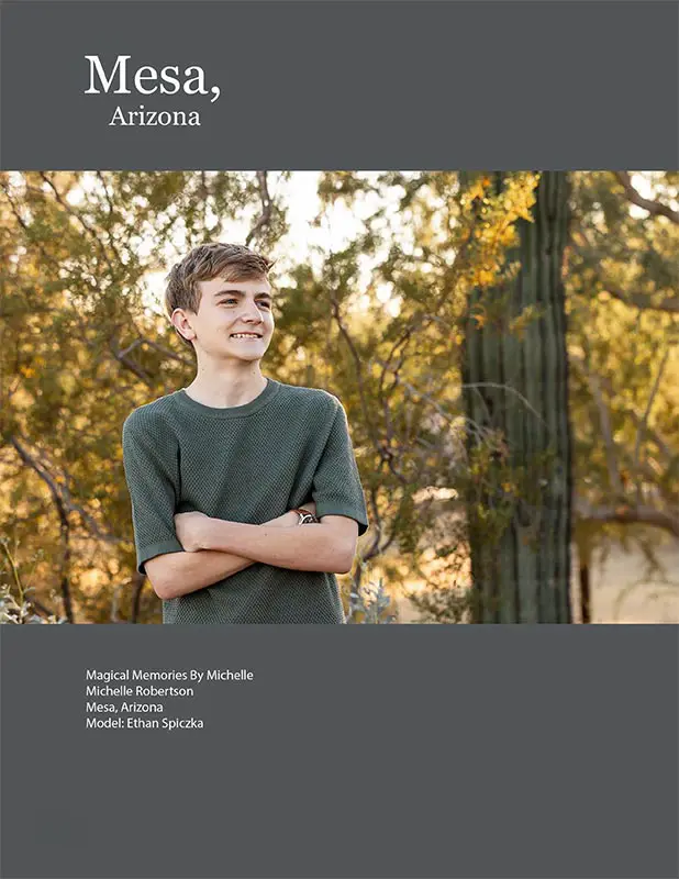 Smiling teen boy in a green shirt photographed in a sunlit desert setting in Mesa, Arizona.