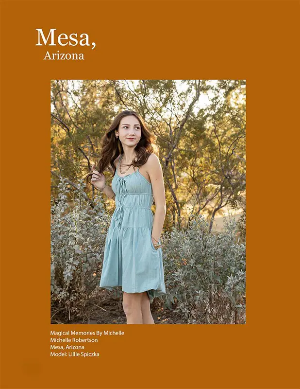Teen girl in a light green sundress walking through soft desert greenery in Mesa, Arizona.