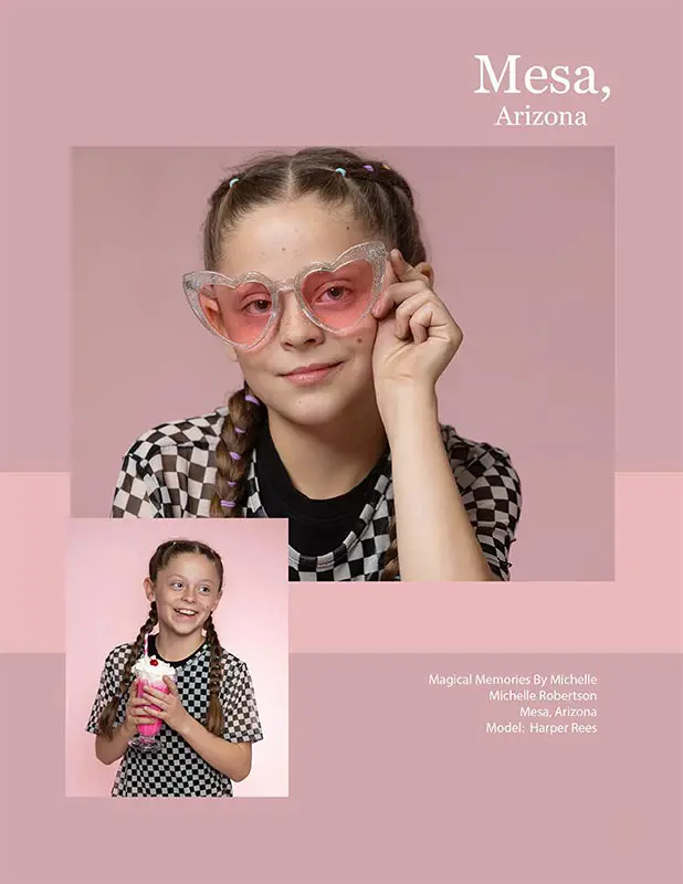 Tween girl wearing heart-shaped sunglasses and holding a pink drink during a playful photo shoot in Mesa, Arizona.