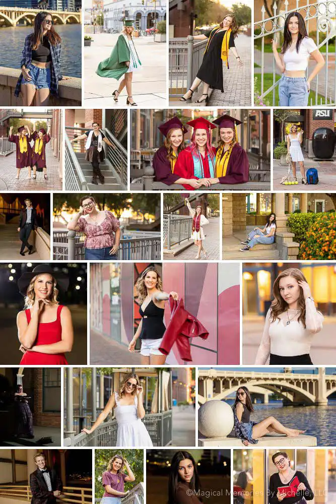 Collage of senior portraits at ASU, Tempe Town Lake, and modern city spots across Downtown Tempe.