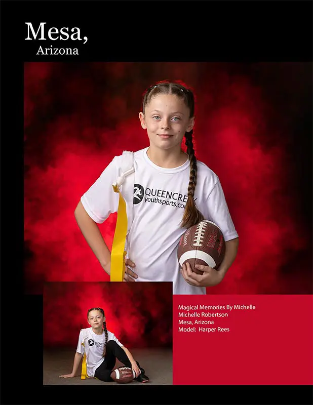 Tween girl posing with a football and yellow flag belt in front of a red background in Mesa, Arizona.