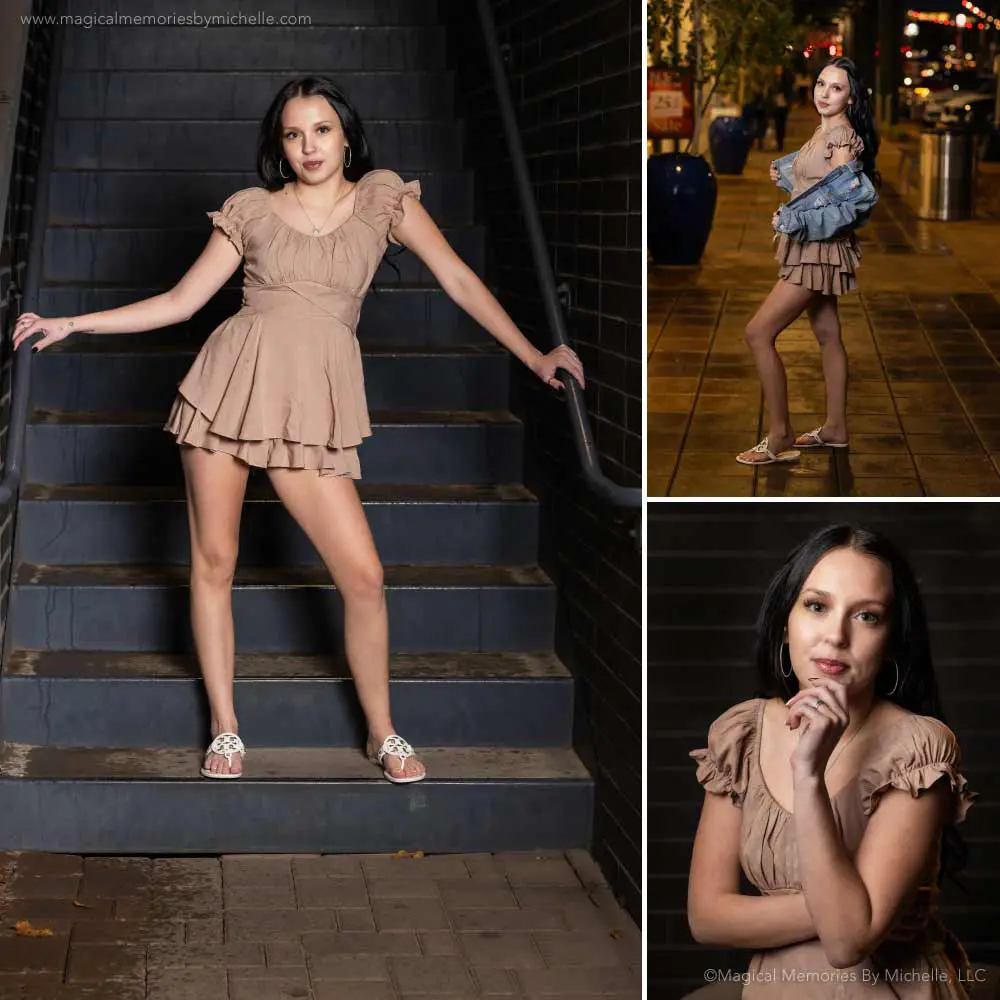 A senior girl poses in a ruffled romper during a nighttime photo session in downtown Gilbert.