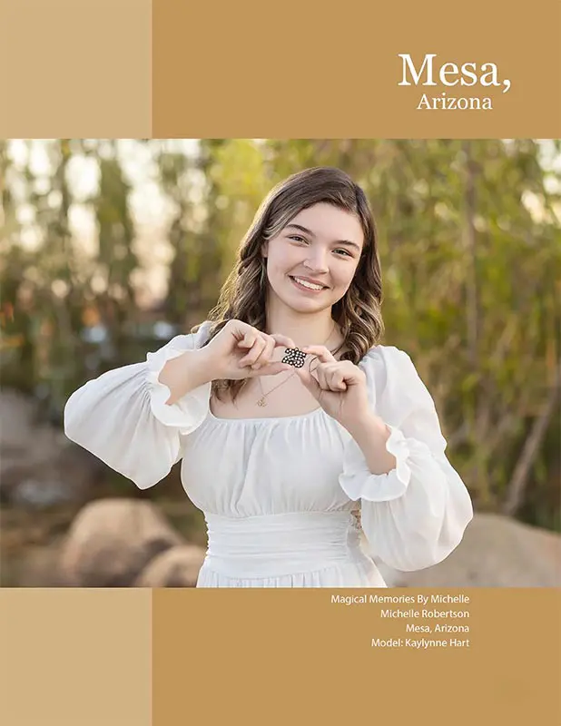 Senior girl in a white dress smiling and holding a ring during a golden-hour photo shoot in Mesa, Arizona.