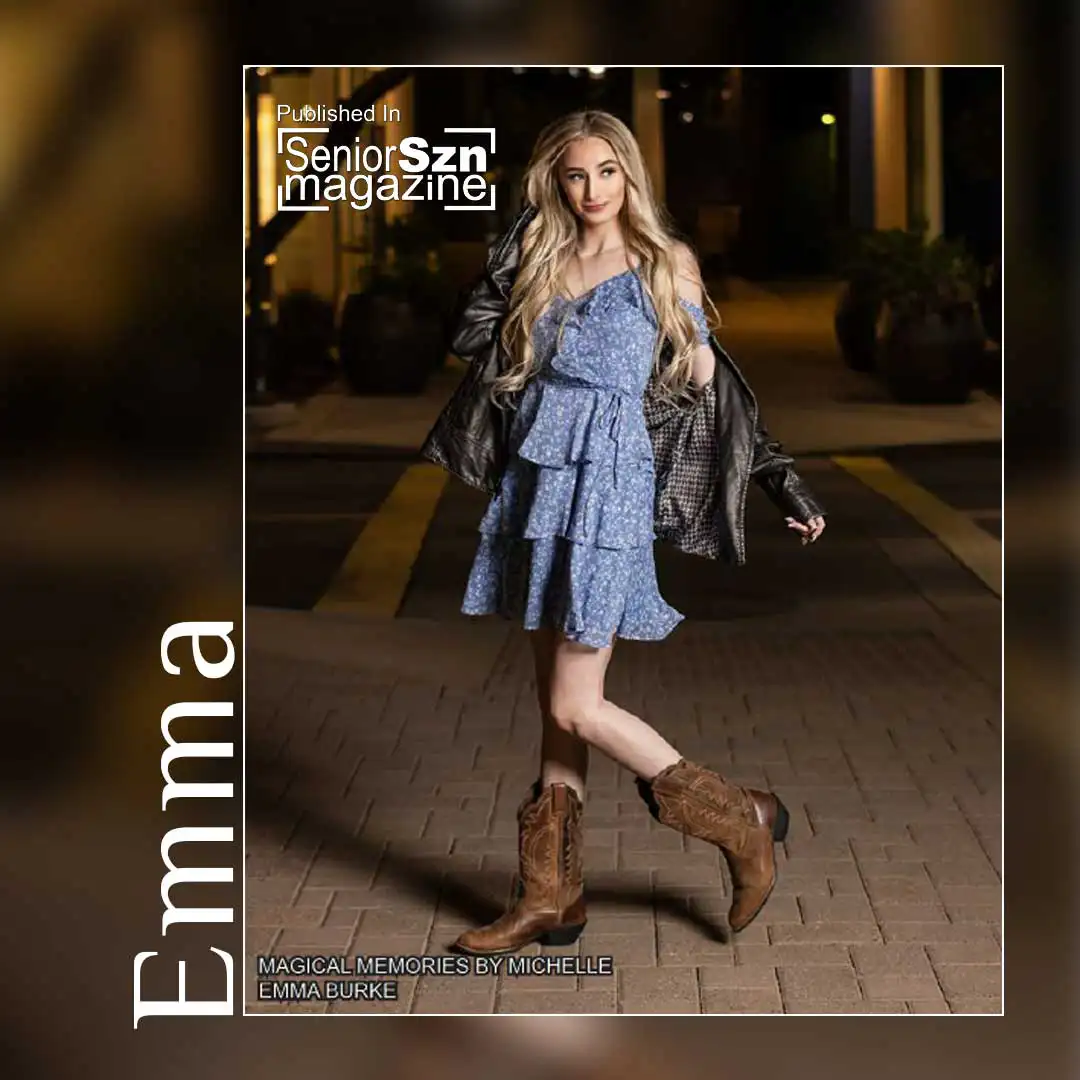 Senior girl in blue ruffle dress and leather jacket posing with cowboy boots during a nighttime senior photo session in Mesa, Arizona.
