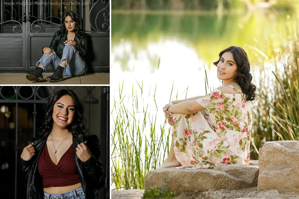 Chandler senior photographer captures portraits with both boho floral looks at a lakeside park and edgy urban outfits with a leather jacket downtown.