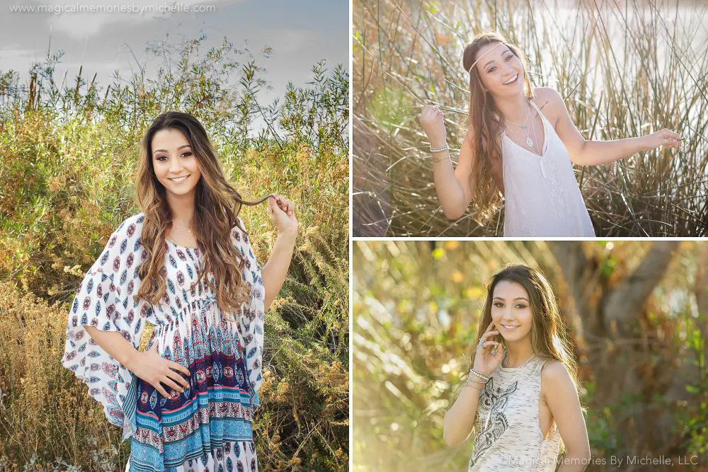 Chandler senior photographer collage with boho-inspired senior portraits featuring a patterned dress, casual tank, and white sundress near lake reeds at Veterans Oasis Park.