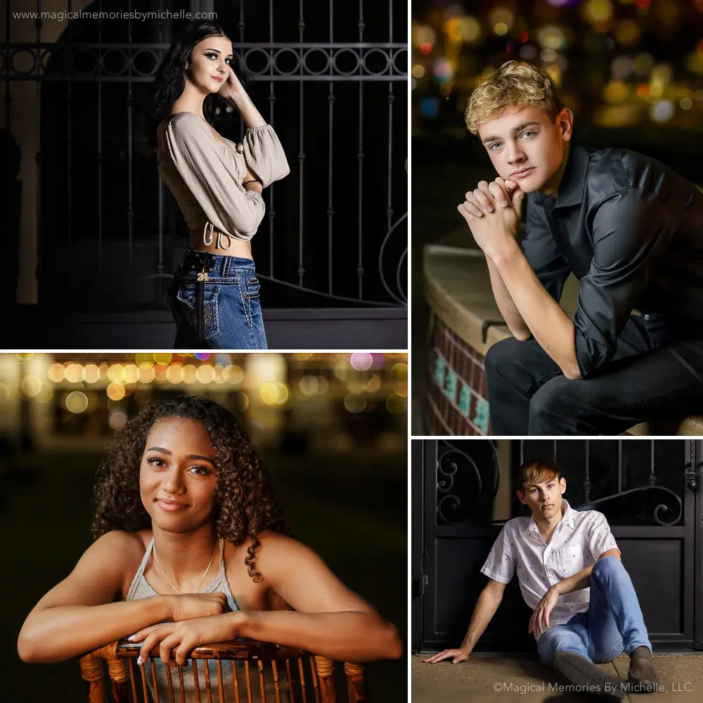 Chandler senior photographer collage featuring night portraits of teens with urban backdrops, including brick walls, bokeh lights, and casual outfits.