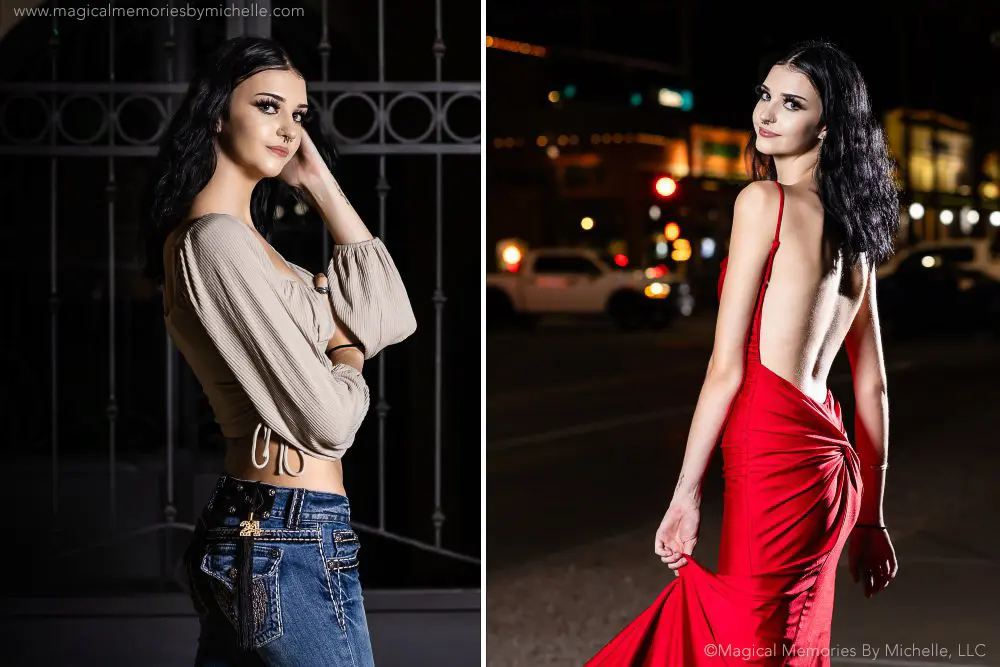 Chandler senior photographer captures night portraits with casual and glam outfits, including a red backless dress in downtown Chandler.
