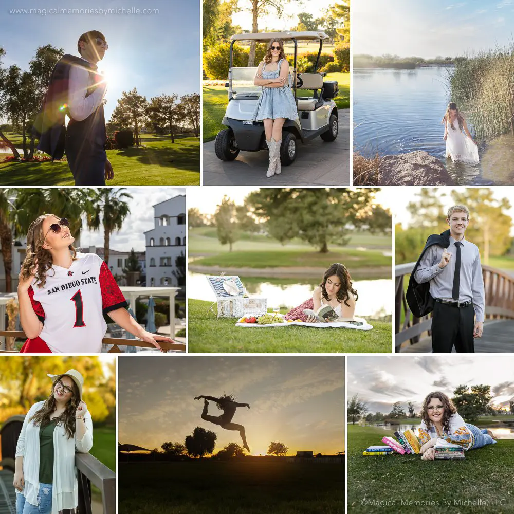 Chandler senior photographer collage with daytime portraits in nature, including golf course, lakeside, and sunset jumps for casual and formal looks.