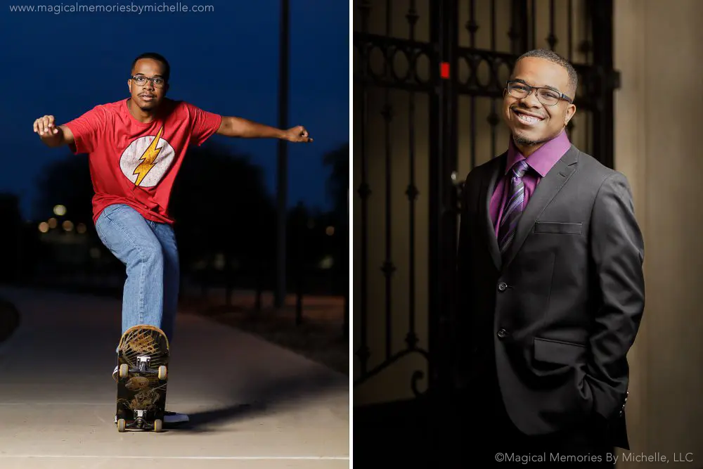Chandler senior photographer creates portraits mixing skateboard action shots and polished suit photos during an evening session.