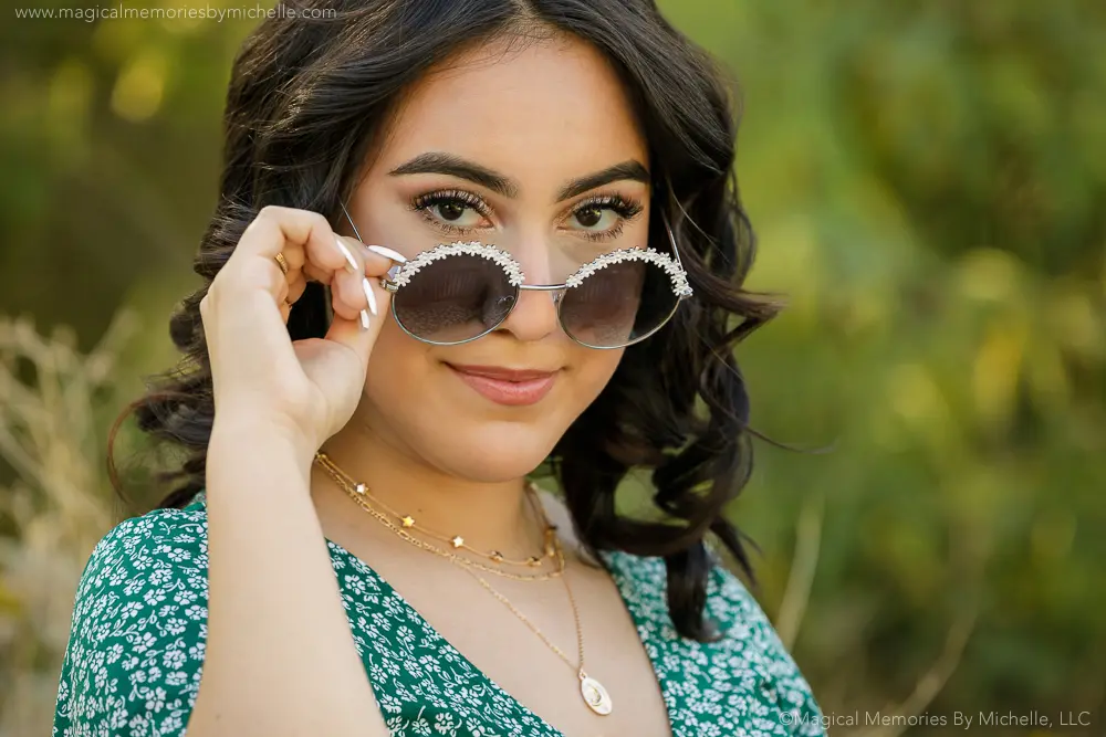 Senior girl in green floral top at Veterans Oasis Park Chandler.