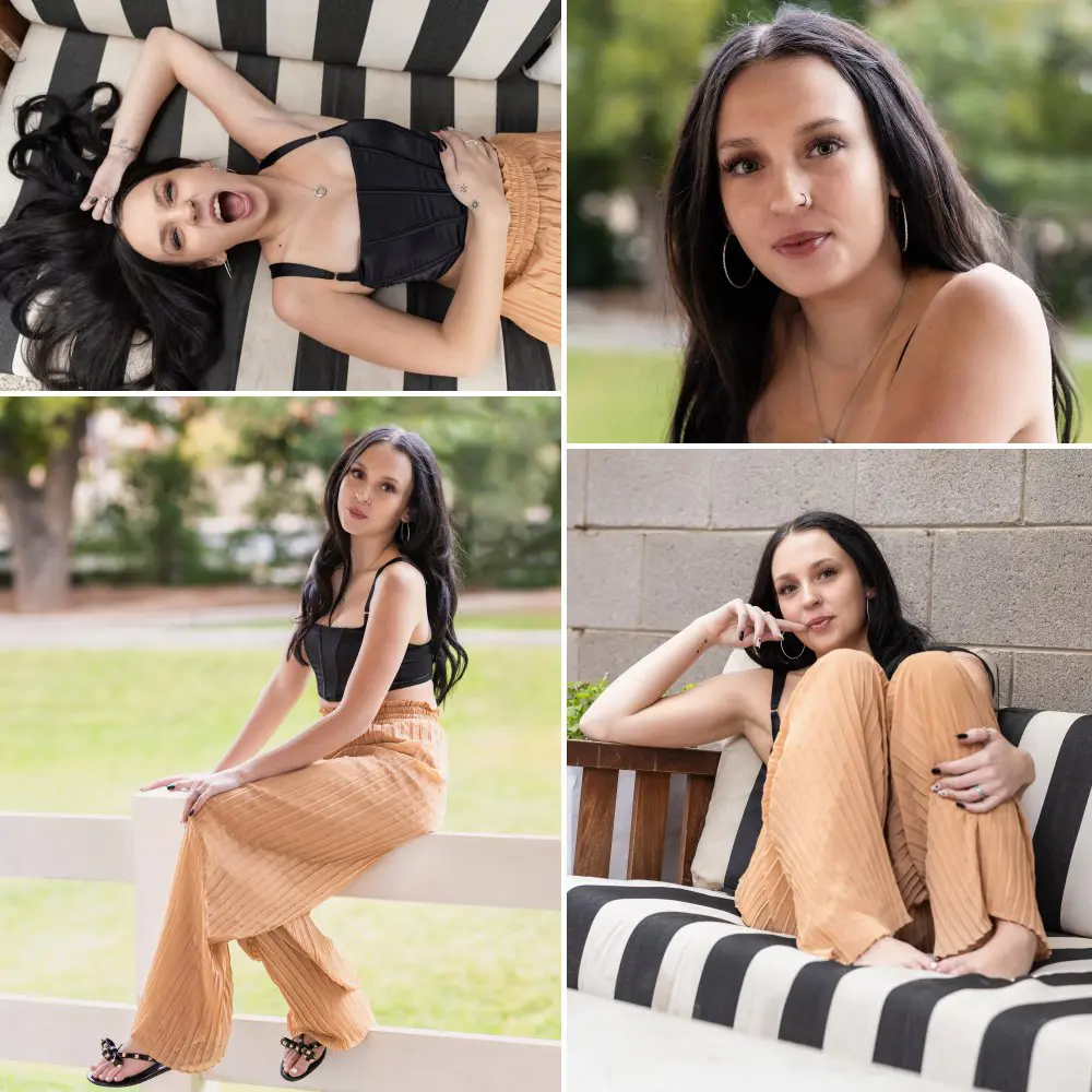 Senior girl in mustard pants and a black top lying on a striped lounge chair during a stylish photo session in Gilbert.