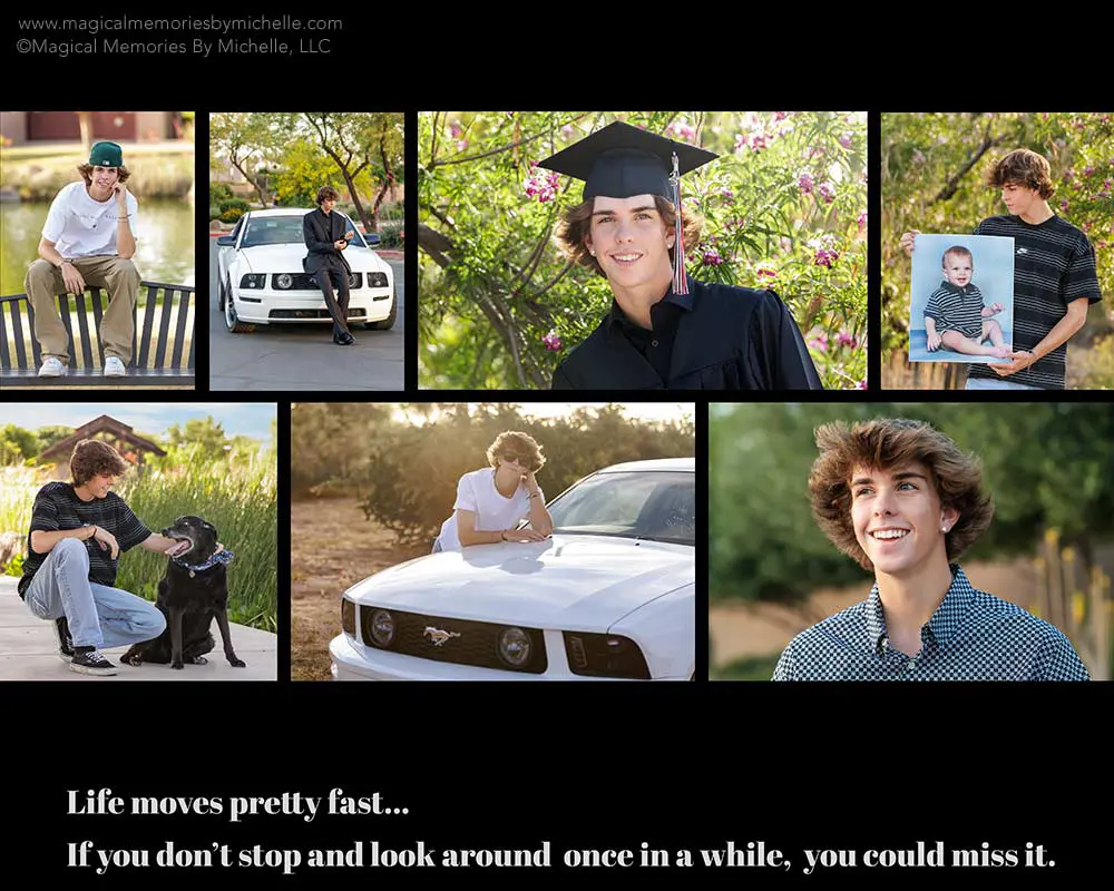 Collage of senior photos including car portraits, pet pictures, and graduation images.