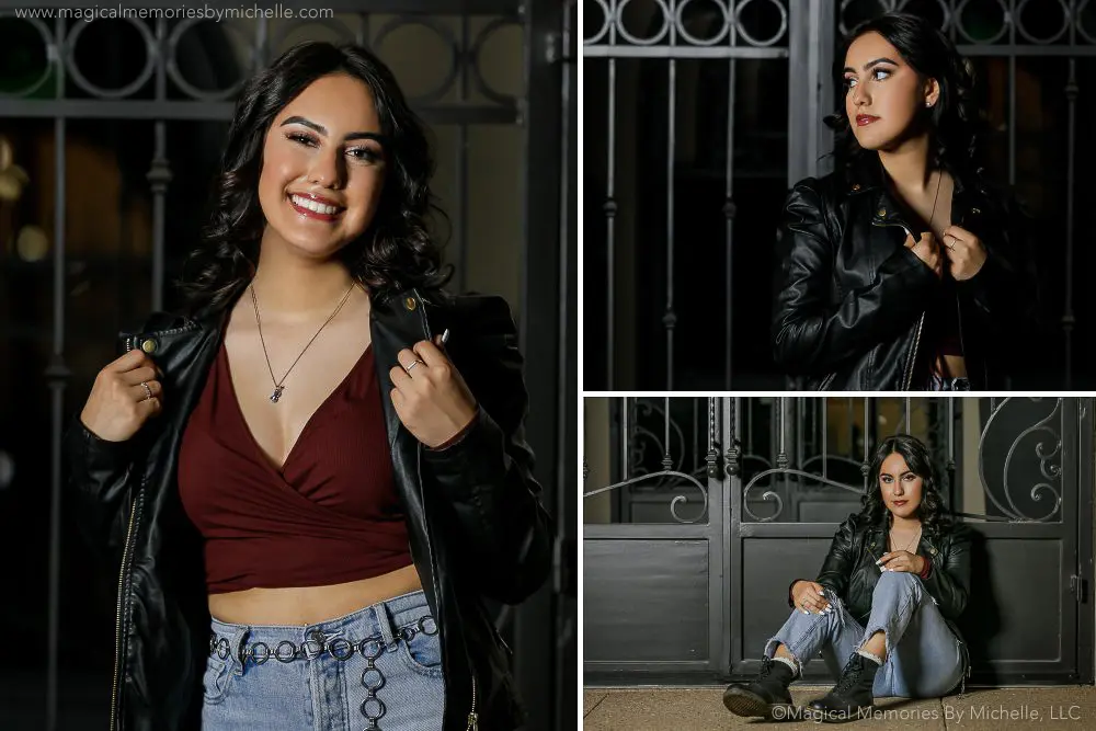 Senior girl smiling in urban downtown Chandler at night for senior portraits.