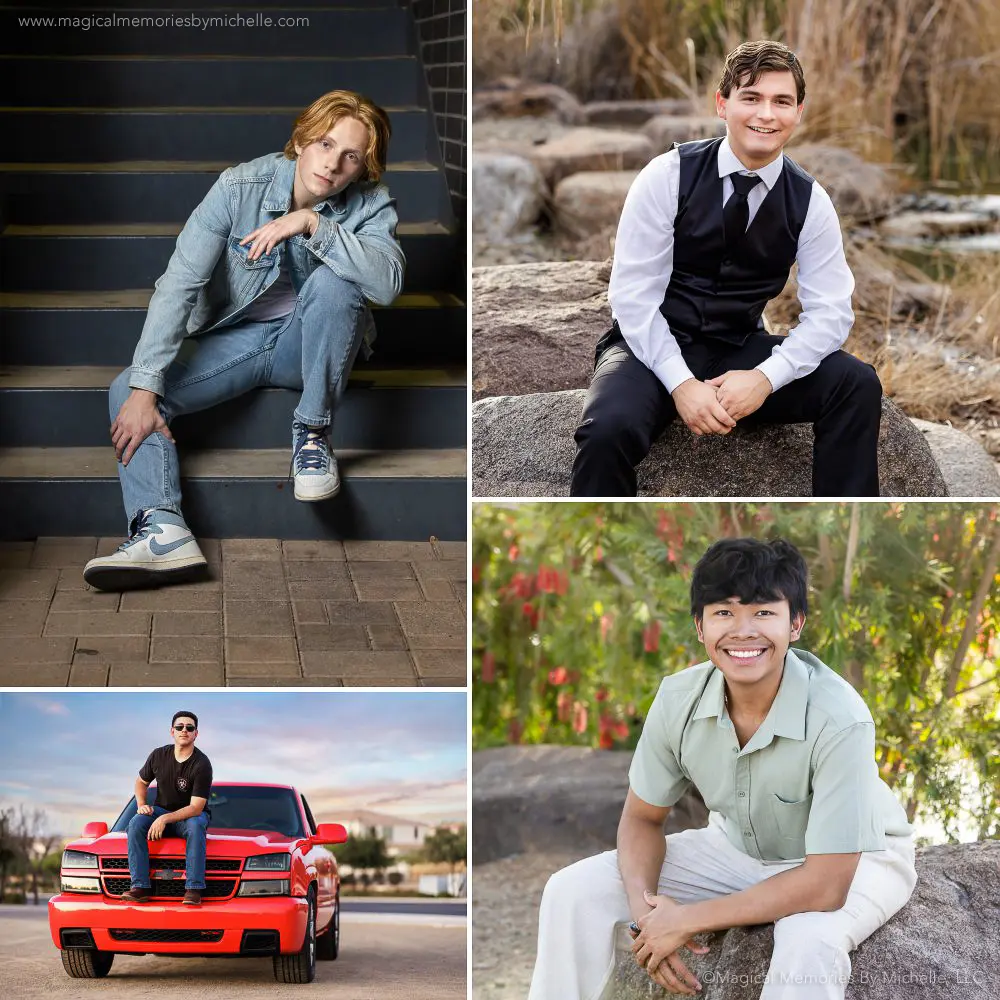 Senior boy sitting and leaning forward on stairs and rocks in Mesa, Arizona.