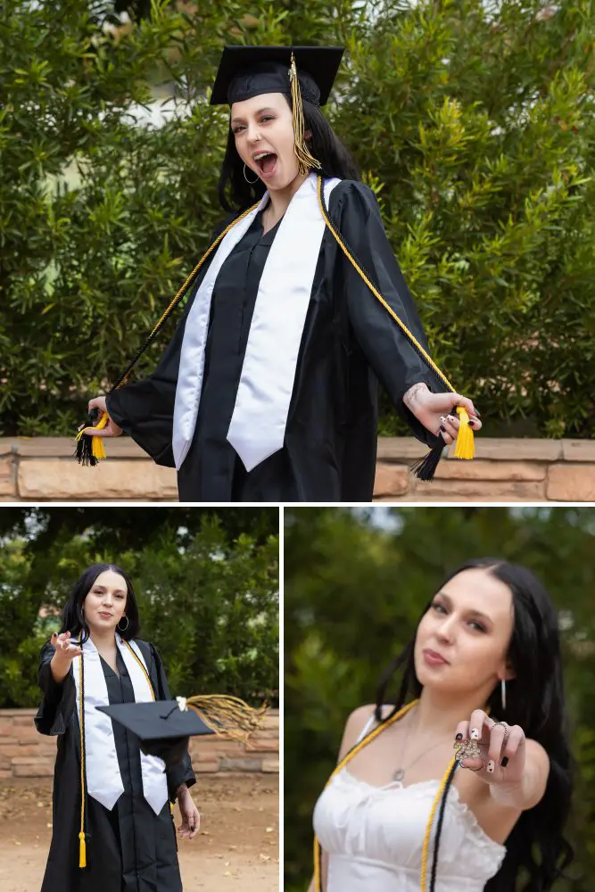 High school senior girl in graduation cap and gown showing off her ring and tassel during a senior photo session in Gilbert, Arizona.