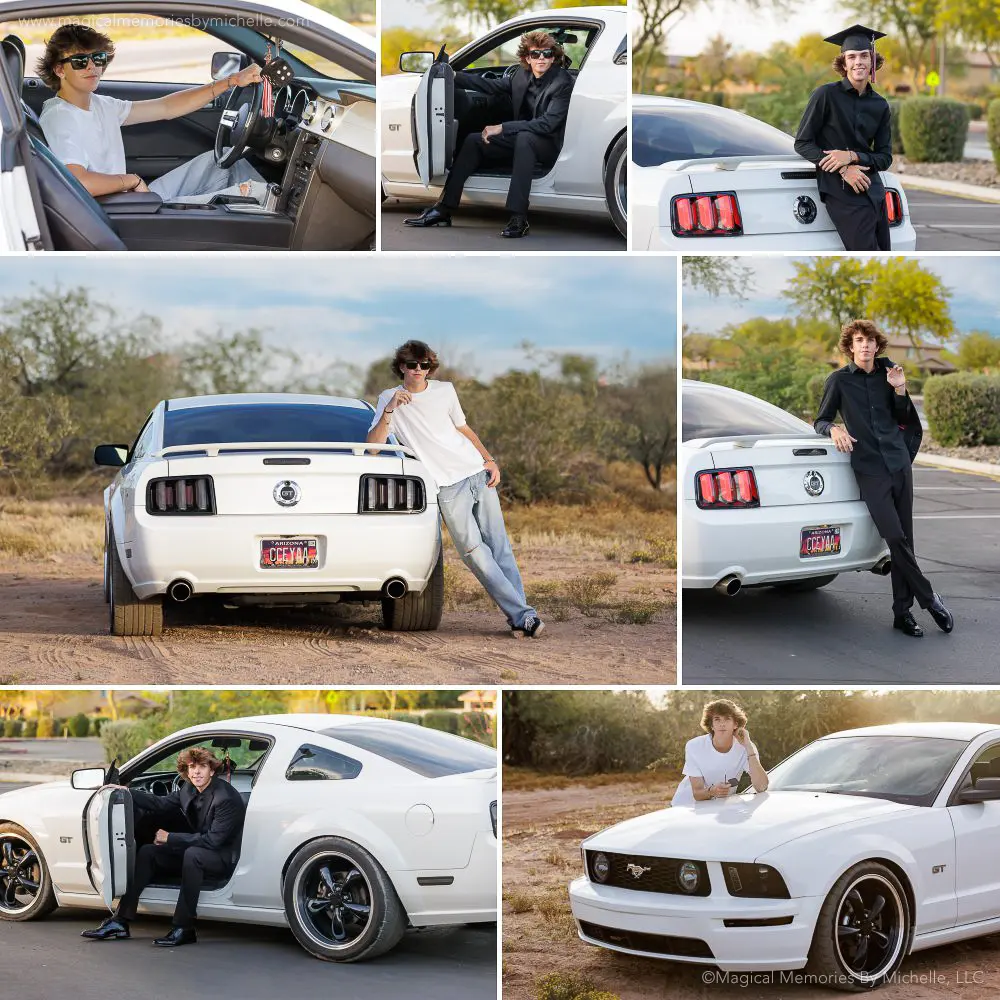 Senior guy posing with white Mustang in casual, suit, and cap & gown outfits.