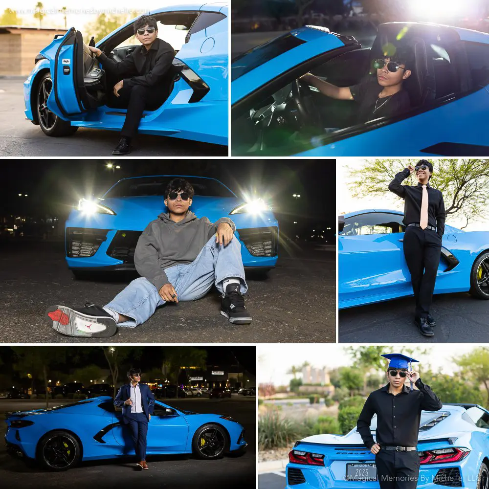 Senior boy shows different outfits and car photo poses with his blue Corvette during a high school senior photoshoot.
