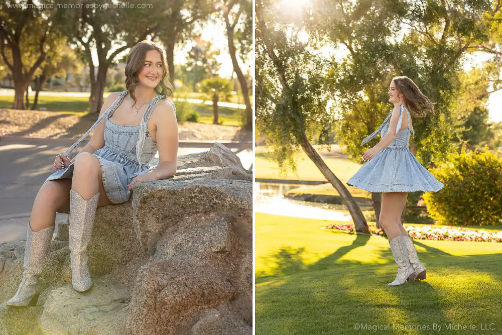 Senior girl in a denim dress and sparkly boots posing outdoors in sunlight and twirling on the grass.