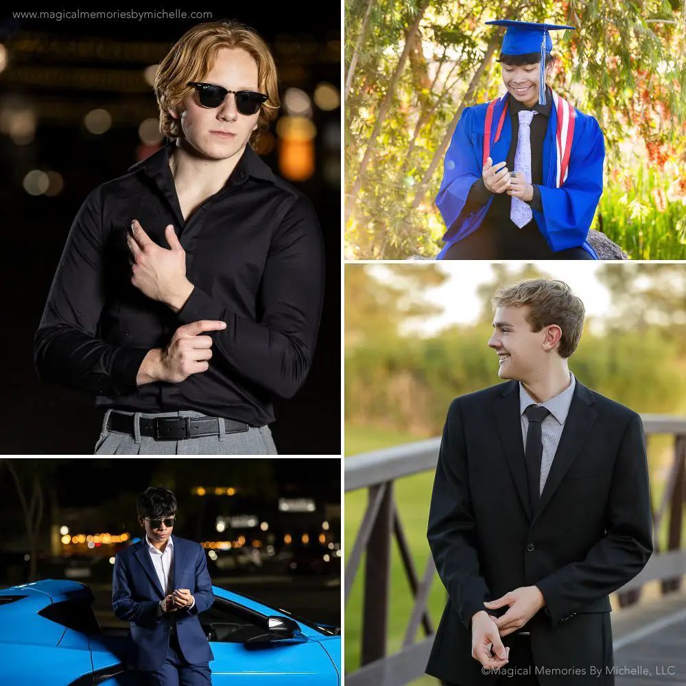 Senior guys in Mesa, Arizona adjusting cuffs and ties during formal senior pictures.