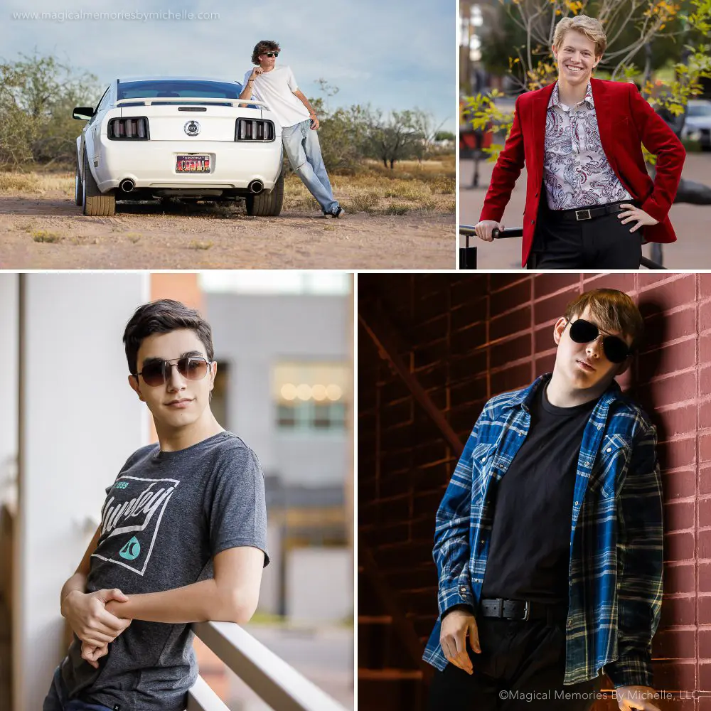 Senior boys lean casually against a wall, railing, or car for senior portraits in Mesa, Arizona.