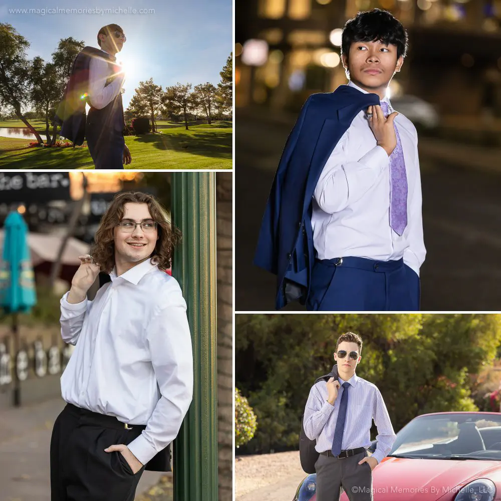 Senior guy tosses jacket over shoulder during formal portraits in Mesa, Arizona.
