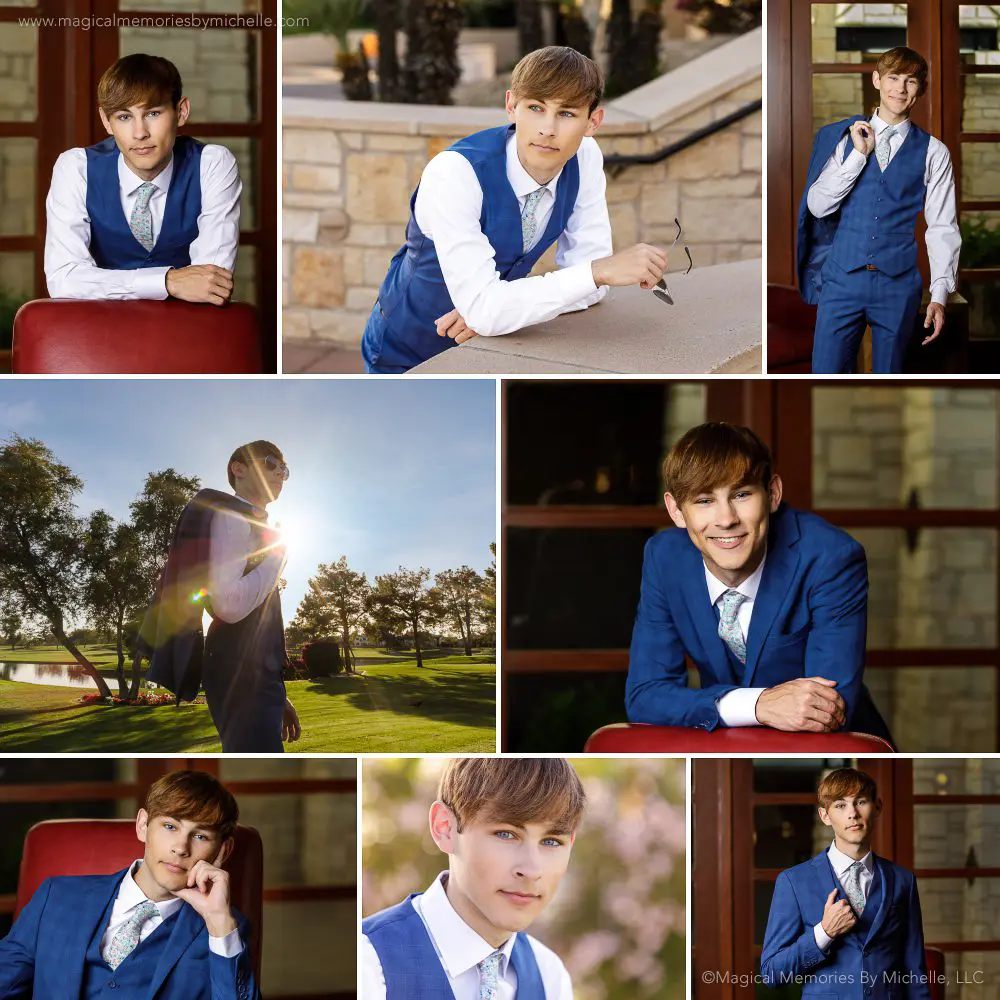 Senior guy in a blue vest and tie posing outdoors and indoors during formal senior pictures in Mesa, Arizona.