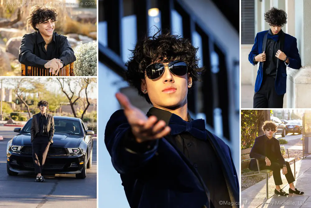 From sharp suits to bold blazers, these formal senior picture outfits for guys prove dressing up doesn’t have to feel awkward. See real client sessions with cars, nighttime city lights, and theater backdrops — plus tips for making formal looks feel cool and personal.