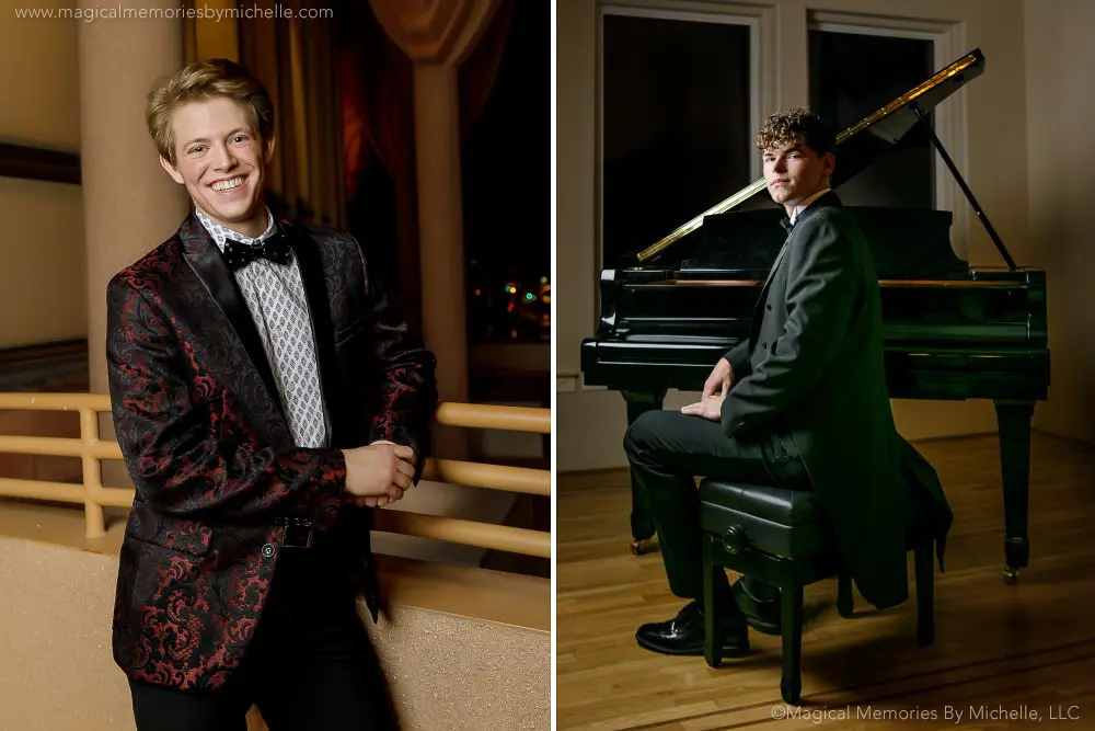 Senior boys in formal patterned tuxedos posing at a theater balcony and at a grand piano for creative senior pictures in Phoenix, Arizona.