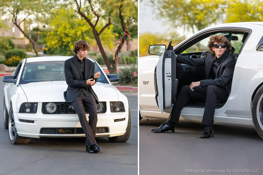 Senior guy in a black suit leaning on a white Mustang and sitting in the driver’s seat for formal senior pictures in Mesa, Arizona.