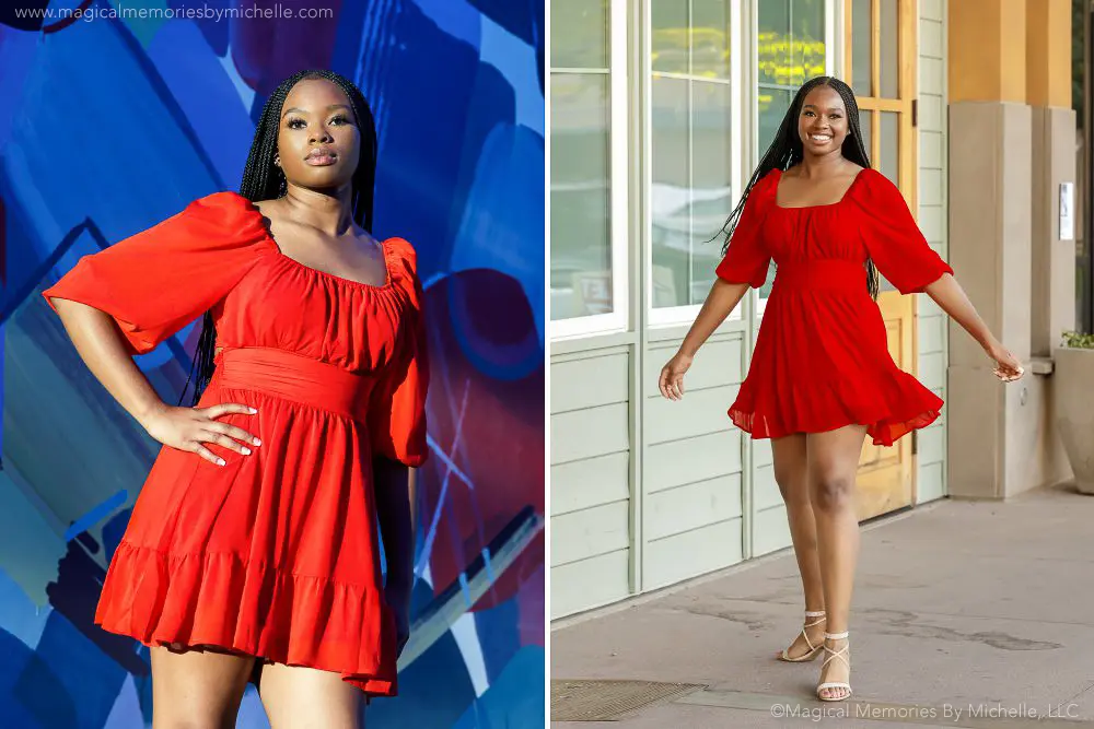 Side-by-side senior portraits of a Black high school girl in a red dress — one posing confidently against a colorful graffiti wall, and the other walking and smiling in Downtown Gilbert, Arizona.
